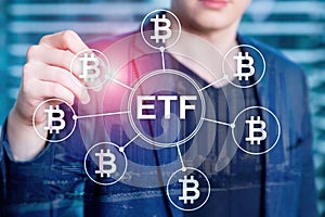 Bitcoin ETF cryptocurrency trading and investment concept on double exposure background