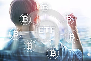 Bitcoin ETF cryptocurrency trading and investment concept on double exposure background