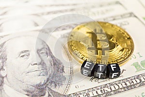 Bitcoin with ETF text on a dollar bills