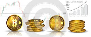 Bitcoin and Ethereum. 3D isometric Physical coins. Digital currency. Cryptocurrency. Golden and silver coins with bitcoin and ethe