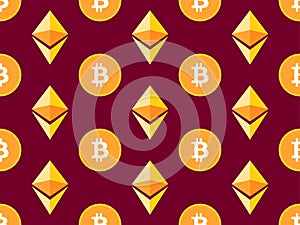 Bitcoin and etherium seamless pattern. Crypto currency background. Vector