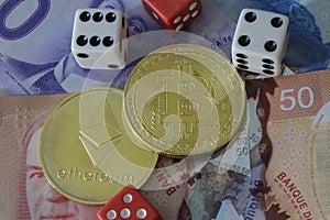 Bitcoin and etherium token with money and dice