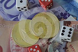 Bitcoin and etherium token with money and dice