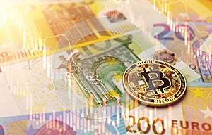 Bitcoin on euro banknotes. Bitcoin price plummeting concept. 3D Rendering
