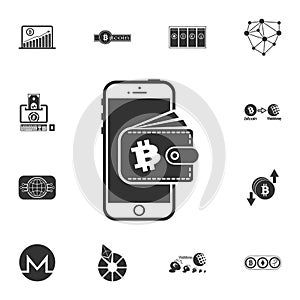 bitcoin exchange, bitcoin mining, mobile banking. mobile phone with bitcoin and wallet icon. Crypto currency set icons
