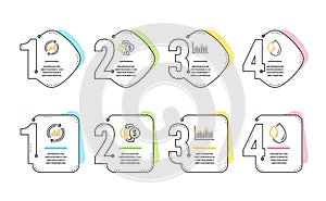 Bitcoin exchange, Money diagram and Update data icons set. Oil drop sign. Vector