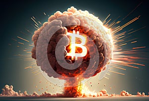 Bitcoin explosion in a fireball surrounded by flames on a black background