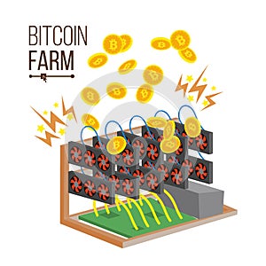 Bitcoin Farm Vector. Cryptocurrency Mining Farm. Video Card. Mining Virtual Gold Coins. Digital Currency Concept