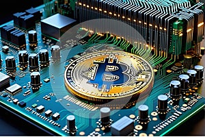 Bitcoin fitted in the core of CPU, 3D illustration, Trading concept photo