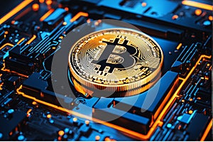 Bitcoin fitted in the core of CPU, 3D illustration, Trading concept photo