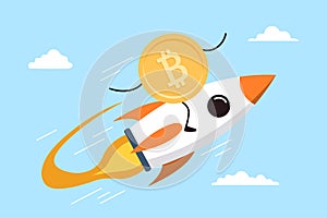 Bitcoin flying on rocket through space clouds in flat design