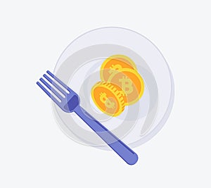 Bitcoin Fork icon. Vector illustration style is a flat iconic bitcoin fork symbol with plate.