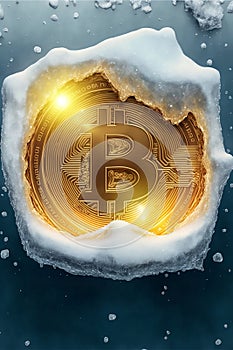 Bitcoin is freezing. Frozen Bitcoin, shiny gold bitcoin covered in ice during the cold crypto winter
