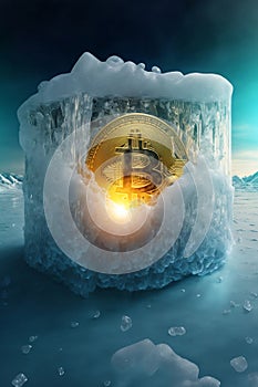 Bitcoin is freezing. Frozen Bitcoin, shiny gold bitcoin covered in ice during the cold crypto winter