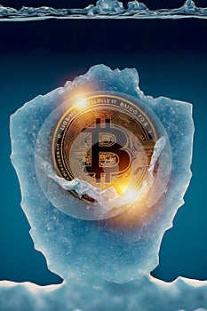 Bitcoin is freezing. Frozen Bitcoin, shiny gold bitcoin covered in ice during the cold crypto winter