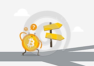 Bitcoin in front of a choice of the way. Cryptocurrency cartoon concept