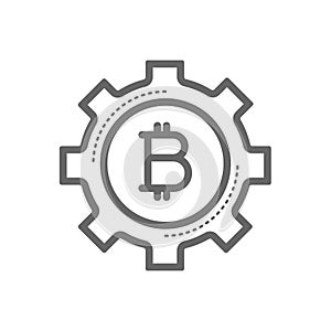 Bitcoin in a gear line icon.