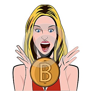 Bitcoin girl emotion of joy bitcoin. Conceptual vector illustration