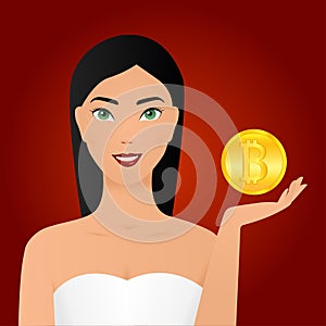 Bitcoin girl with a giant coin. Beautiful woman showing Golden Bitcoin coin. Virtual money concept. Cryptocurrency
