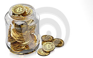 Bitcoin in glass jar as a bad way of keeping cryptocurrencies safe concept. Isolated on white background copyspace on the left. 3D