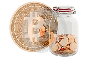 Bitcoin with glass jar full of golden coins, 3D rendering
