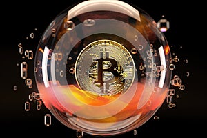 Bitcoin in a glass sphere on a black background. 3d rendering, Bitcoin bubble inflation, AI Generated