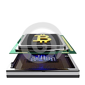 Bitcoin gold B on cpu computer chip isolated and clipping path