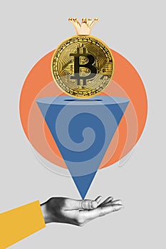 Bitcoin gold coin with crown. Cryptocurrency concept. Digital money. Collage