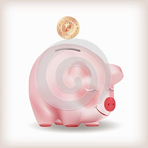 Bitcoin gold coin falling into a piggy bank. Conceptual Realistic vector illustration isolated on white background.