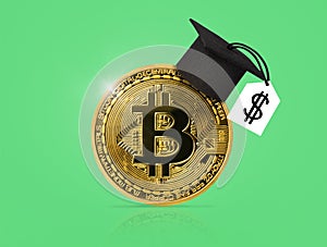 Bitcoin gold coin with graduation cap on green background. Learning cryptocurrency. Financial literacy