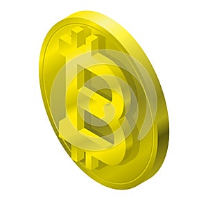 Bitcoin gold coin mark in isometric perspective. Symbol of cryptocurrency, cloud mining brand.