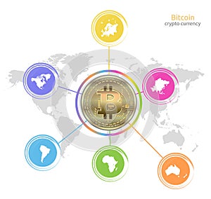 Bitcoin gold coin, World map and continents, infographics isolated on white background