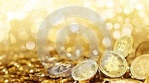 Bitcoin gold coins with blurred chart background, ideal for illustrating financial concepts