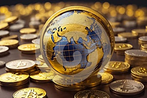 Bitcoin gold coins, earth globe