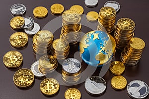 Bitcoin gold coins, earth globe abstract