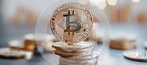 Bitcoin gold coins showcased on abstract background with blurred financial chart photo