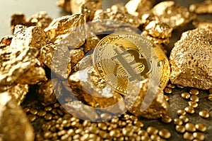 Bitcoin and gold nuggets on table