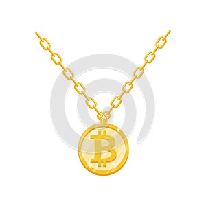 Bitcoin gold pendant. Cryptocurrency made of gold on chain. luxury jewelry symbol