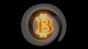 Bitcoin. Golden bitcoin logo. Nixie tube indicator. Gas discharge indicators and lamps. 3D. 3D Rendering