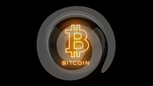 Bitcoin. Golden bitcoin logo. Nixie tube indicator. Gas discharge indicators and lamps. 3D. 3D Rendering