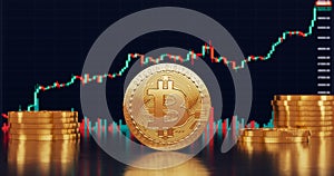 A bitcoin golden coin in front of a BTC candlestick price chart background in realistic 3D rendering. Bullish Bitcoin price rising