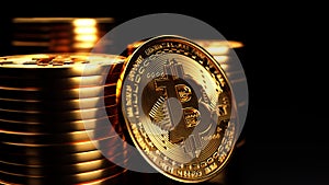 Bitcoin golden coin with gold. Digital currency. Cryptocurrency concept. Money and finance symbol.