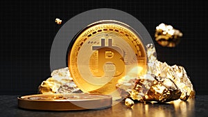 Bitcoin golden coin with gold. Digital currency. Cryptocurrency concept. Money and finance symbol. Crypto illustration