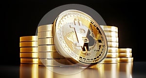 Bitcoin golden coin with gold. Digital currency. Cryptocurrency concept. Money and finance symbol. Crypto illustration