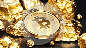 Bitcoin golden coin with gold. Digital currency. Cryptocurrency concept. Money and finance symbol. Crypto illustration
