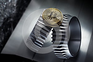Bitcoin golden coin lies on the gearwheel.