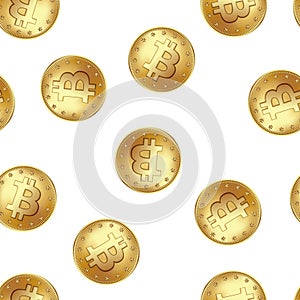 Bitcoin golden coin seamless pattern. Golden rain of flying money.