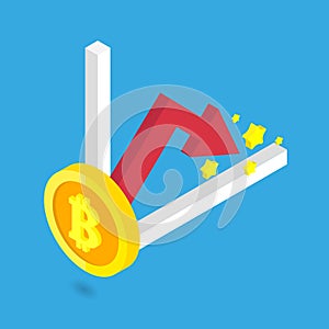 Bitcoin golden crop with red arrow and chart isometric
