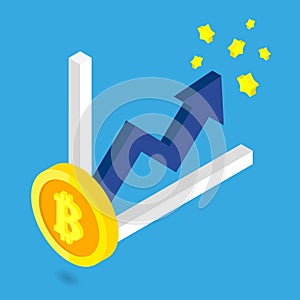 Bitcoin golden growth with blue arrow and chart isometric