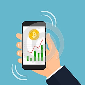 Bitcoin graph up alert on smartphone screen illustration